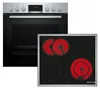 A stainless steel oven and a black electric cooktop with red heating elements are shown side-by-side against a white background. Produktbild-Vorschau