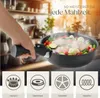 A hand holding a pan with food cooking inside, with icons representing different stovetops below. Náhled obrázku produktu