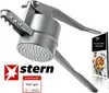 A silver potato ricer and spätzle press is shown against a white background, with marketing materials and a review badge. Produktbild-Vorschau