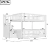 A diagram showing the dimensions of a white bunk bed with stairs and drawers. Voir les images du produit