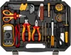 A black toolbox filled with various electrical tools. Produktbild-Vorschau