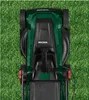 A top-down view of a green and black electric lawnmower on a green grass background. Produktbild-Vorschau