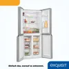 An open refrigerator is shown with its contents. The refrigerator is silver and gray. The interior is well-lit and stocked with various food items. The doors are open, revealing the different compartments and shelves. Produktbild-Vorschau