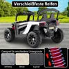 A white and black electric ride-on car for children is shown from a rear-side angle, with a background of trees and a road. Text overlays highlight features and suitability for different terrains. Náhľad obrázku produktu