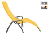 A yellow chaise lounge chair with a gray metal frame, shown against a white background. There are two logos in the upper right corner. Produktbild-Vorschau
