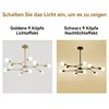 A collage showing two different colored chandeliers with text descriptions. Produktbild-Vorschau