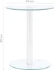 A clear image of a round glass table with a white cylindrical base and pole, presented in a studio setting with a white background. Dimensions are marked on the image. Anteprima dell’immagine prodotto