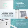 Collage of images showing features of a dehumidifier, including a light indicator, a filter, and a drainage hose. Produktbild-Vorschau