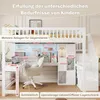 A loft bed with a desk and storage underneath, featuring various dimensions and labels. Produktbild-Vorschau