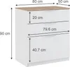 A diagram showing the dimensions of a white dresser with a wooden top. Voir les images du produit