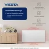 A white infrared heating panel is shown on a wall, with a wooden cabinet and decorative items in the foreground. The image also includes marketing text and icons. Voir les images du produit