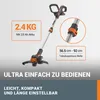 A cordless grass trimmer with feature callouts. Produktbild-Vorschau