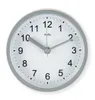A close-up view of a round wall clock with a gray frame and a white face. Produktbild-Vorschau