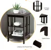A dark brown three-tiered side table with decorative elements and text callouts. Podgląd zdjęcia produktu