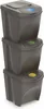 A stack of three dark gray trash bins with colored circular emblems on the lids of the top two bins. Produktbild-Vorschau