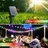Top: Solar panel in a grassy field. Bottom: People having dinner outdoors with string lights. Produktbild-Vorschau