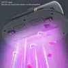 The underside of a UV mattress cleaner is shown, emitting purple light to illustrate its germ-killing capabilities. Stylized representations of germs and mites are depicted being destroyed by the light. Produktbild-Vorschau