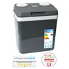 A dark gray electric cooler box with white trim and a white handle, shown from the front-right angle on a white background. It has two circular vents on top and a horizontal vent on the front. There are two stickers on the right side of the cooler box: an  Produktbild-Vorschau