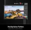 A computer monitor displaying a landscape image, with marketing text and logos at the top and bottom. Produktbild-Vorschau