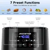 A marketing image showing the control panel of an air fryer with various preset functions illustrated and labeled. Produktbild-Vorschau