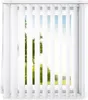 A white vertical blind is shown covering a window with a view of trees and sky. Voir les images du produit