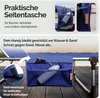 A close-up of a blue side pocket attached to a lounge chair, showing its features and contents. Produktbild-Vorschau
