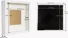 A white shadow box frame with dimensions shown, and a view of the back of the frame. Produktbild-Vorschau