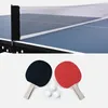 A collage showing a close-up of a table tennis net on a blue table and two table tennis paddles with three balls. Produktbild-Vorschau