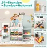 A young girl is playing with a toy supermarket playset, which includes a vending machine, cash desk, and shelves stocked with toy food items. The image is divided into sections, with close-ups demonstrating how to use the vending machine. Podgląd zdjęcia produktu