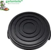 A black circular product with concentric rings, shown from a diagonal angle, with a logo and text in the upper left corner. Produktbild-Vorschau