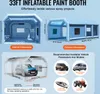 Collage of images showing an inflatable paint booth, its dimensions, and examples of vehicles that can fit inside. Voir les images du produit
