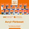 A collection of fabric paint tubes arranged in rows, with text overlays describing the product's features and quantity. Produktbild-Vorschau