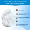 Two white mesh bags filled with white filter balls, with marketing text and icons on the right side. Produktbild-Vorschau