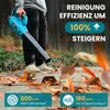 A person is holding a blue leaf blower in an outdoor setting with fallen leaves on the ground. Produktbild-Vorschau