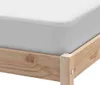 A close-up view of a white mattress protector on a wooden bed frame. Voir les images du produit