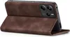 A brown flip case for a smartphone is shown standing upright. Produktbild-Vorschau