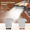 A steam iron is shown emitting steam, with before and after images of a wrinkled t-shirt being smoothed. Podgląd zdjęcia produktu