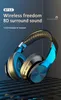 A pair of wireless headphones is displayed against a dark, textured background with blue and gray tones. Text overlays highlight product features. Produktbild-Vorschau