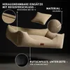 A beige corduroy dog bed with a pillow, shown with callouts highlighting its features. Produktbild-Vorschau