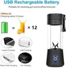 A collage of images showing a portable blender, its features, and charging options. Produktbild-Vorschau