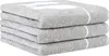 A stack of three gray towels with a white cat pattern on the top towel. Produktbild-Vorschau