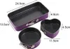 Three purple cake pans of different shapes and sizes are arranged on a white background, with dimensions indicated by measurement lines and text. Produktbild-Vorschau
