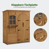 A wooden garden shed with a window and double doors, shown with inset images demonstrating a fold-out shelf feature. Produktbild-Vorschau