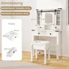 A diagram showing the dimensions of a white vanity table and stool, with text in German indicating measurements and weight capacities. Voir les images du produit