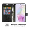 A black wallet-style phone case is open, showing credit cards and cash inside, with a smartphone screen displaying a colorful abstract image. Produktbild-Vorschau