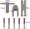 A set of metal tools for removing gears and motors, with dimensions indicated by red lines and text. Produktbild-Vorschau