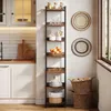 A tall, narrow corner shelf unit filled with various kitchen items and decorative baskets is shown in a kitchen setting. Podgląd zdjęcia produktu