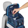 A close-up view of a blue backpack with a colorful pattern, showing a hand interacting with a clasp mechanism inside the main compartment. Náhľad obrázku produktu