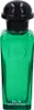 A product shot of a green glass perfume bottle with a black cap. Voir les images du produit