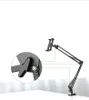 A black flexible long arm holder for a tablet or phone, shown on a white background with a close-up inset of the clamp mechanism. Podgląd zdjęcia produktu